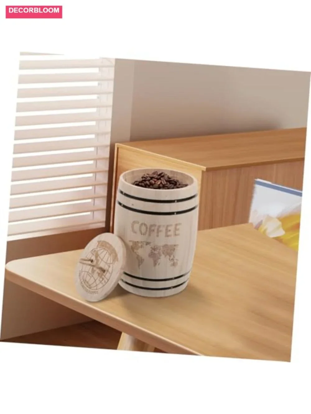 Wooden Barrel Canister Airtight Lid Coffee Tea Sugar Storage Rustic Farmhouse